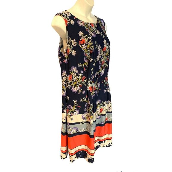 TAYLOR Pleated Pocket Floral Border Navy Coral Office Party Scuba Knit Dress - Picture 3 of 12